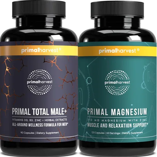 Primal Harvest Total Male+ y suplemento de magnesio optimiza la salud de los hombres con nutrientes específicos para vitalidad y recuperación,