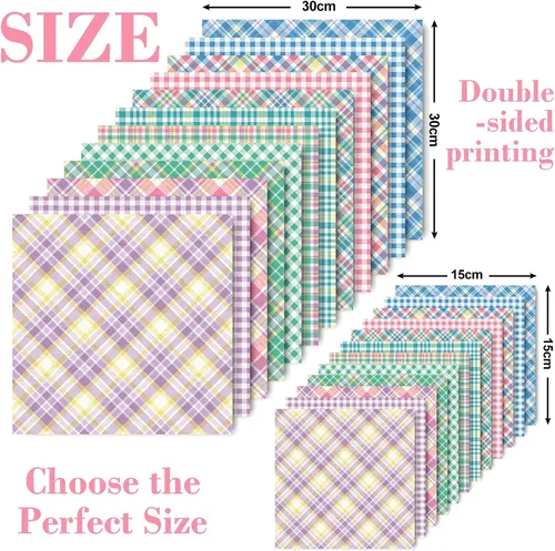 Miniatura 2 de Whaline 24 hojas de papel de primavera pastel con patrón a cuadros, 12 diseños, álbumes de recortes, papel especial para Pascua, papel decorativo