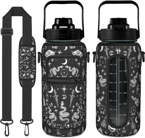 Miniatura 33 de Goth Moon Botella de agua de medio galón con funda - Botella de agua con tapa abatible sin BPA de 32 onzas - con marcador de tiempo, jarra de agua a
