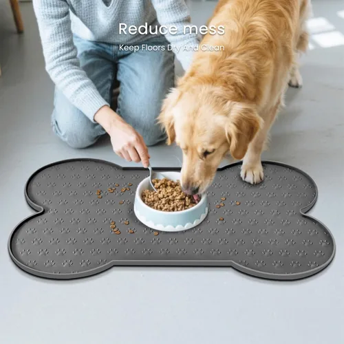 Miniatura 8 de PWTAA Tapete para Comida de Perros Antideslizante de Silicona Tapete para Tazón de Perro Mantel Individual más Grueso para Mascotas Impermeable Gris