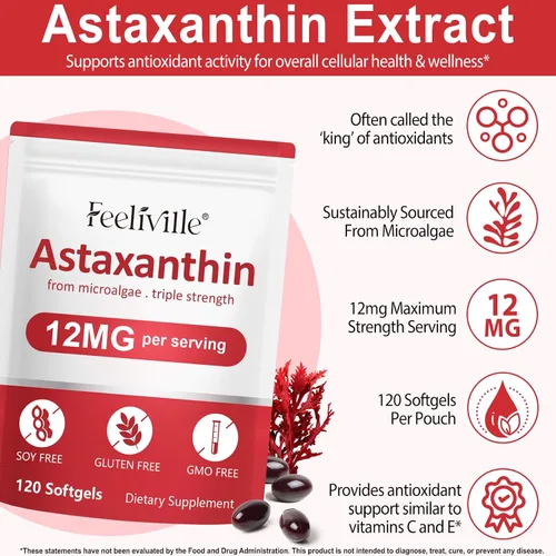 Miniatura 4 de Suplementos de astaxantina 120 cápsulas blandas, suministro para 4 meses Suplementos antioxidantes de astaxantina premium Fuente de microalgas