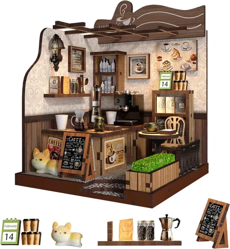 Miniatura 11 de Kit de rincón de libros en miniatura, rompecabezas de madera 3D, decoración de estantería de biblioteca con luces LED, modelo de casa pequeña