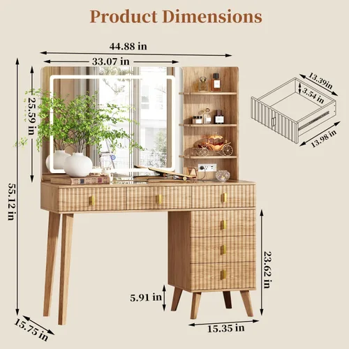 Miniatura 3 de Ieejdn Escritorio Grande de Tocador con Espejo y Luces, Escritorio de Tocador con 6 Cajones y Estantes de Almacenamiento, Mesa de Tocador con Toma