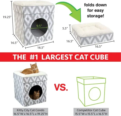 Miniatura 3 de Kitty City - Cama grande para gatos, cubo, condos, desplegable, apilable C) Cubo para gatos (blanco y gris)