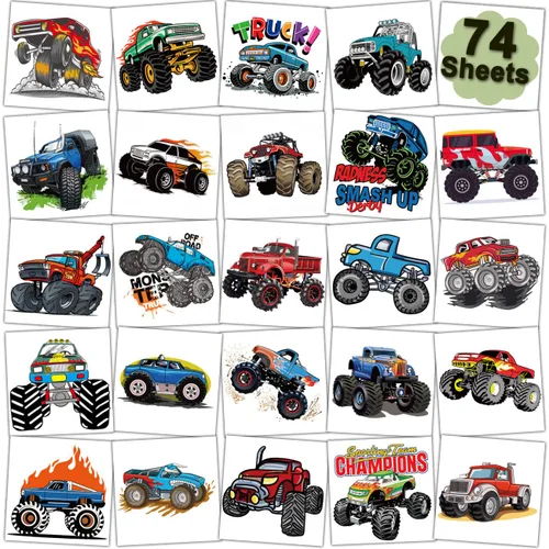 CHARLENT Tatuajes temporales de Monster Truck para niños, suministros de fiesta – 74 hojas individuales de tatuajes de camión monstruo para niños,