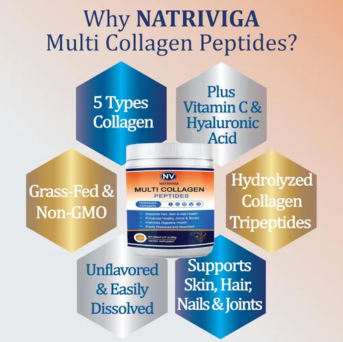 Miniatura 3 de Polvo de péptidos de colágeno múltiple - Tipo I, II, III, V, X - Péptidos de colágeno hidrolizados con vitamina C ácido hialurónico, apoya la piel