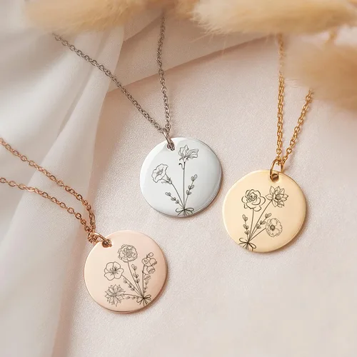 Miniatura 2 de Anavia -Build Your Own Bouquet- Birthmonth Flowers Necklace, Personalized Engraved Floral Coin Necklace, Customized Birthday Gifts Love Jewelry for