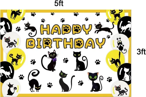 Miniatura 2 de Decoración de fiesta temática de gato, juego de suministros de fiesta de cumpleaños de gato negro, incluye fondos de gato negro de 5 x 3 pies