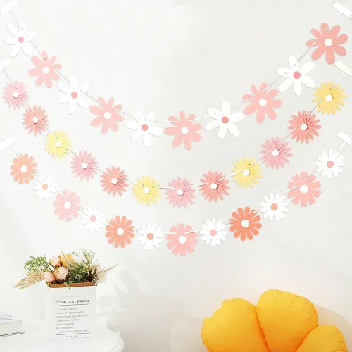 Miniatura 6 de Paquete de 3 pancartas de margaritas rosadas, decoraciones únicas de margaritas florales, guirnalda de margaritas florales, decoración de papel