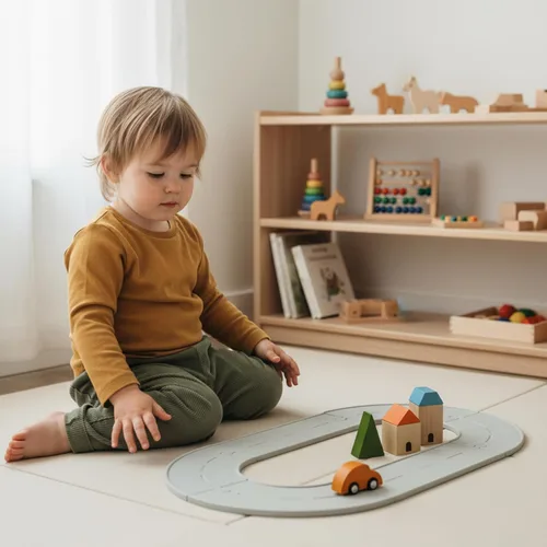 Miniatura 8 de PlanToys® Juego de camino y riel de goma, pequeño juego Montessori de madera Imaginación, resolución de problemas y exploración de movimiento