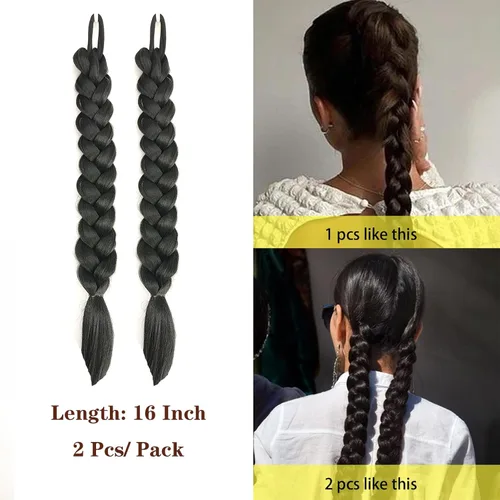 Miniatura 2 de 2 paquetes de 16 pulgadas de extensión de cola de caballo trenzada larga negra para mujeres negras con banda elástica, trenzado recto, extensiones