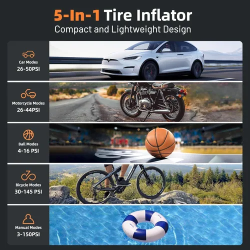 Miniatura 8 de Inflador de neumáticos, compresor de aire portátil, bomba de bicicleta inalámbrica de 150 PSI, bomba de aire para automóvil, motocicleta, bicicleta