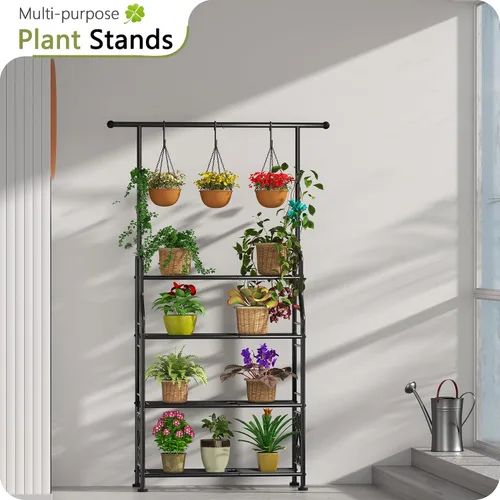 Miniatura 2 de GIOTORENT Soporte para plantas para interiores y exteriores, estantes de metal resistente de 4 niveles, exhibe hasta 17 plantas múltiples, soporte