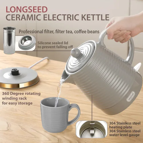 Miniatura 6 de Hervidor eléctrico de cerámica de 1.2 litros con infusor y taza, tetera de 1000W para hervir agua, hervido rápido, protección contra hervido