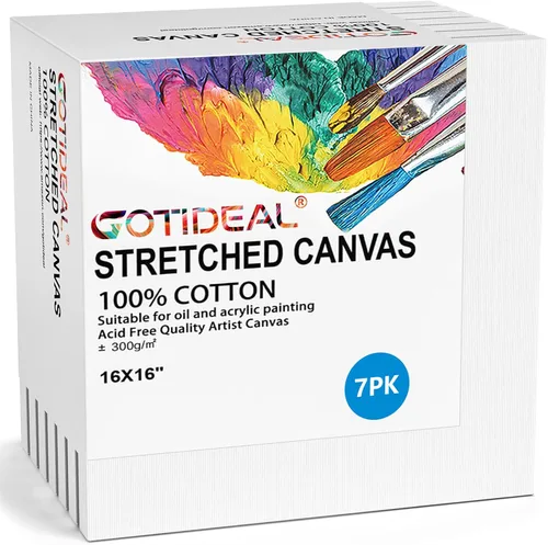 GOTIDEAL Lienzos Estirados para Pintura, Juego de 7 de 16x16 Pulgadas, Imprimación Blanca - Tableros de Lienzo de Arte Cuadrados en Blanco 100%