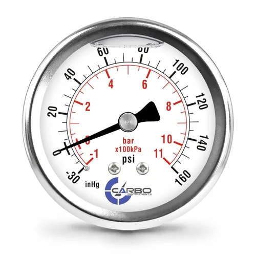 Miniatura 22 de 2 1-2" Medidor de presión, carcasa de acero inoxidable, conexión de latón cromado, llenado de líquido, 0-4000 psi/kPa, montaje trasero 1/4" NPT