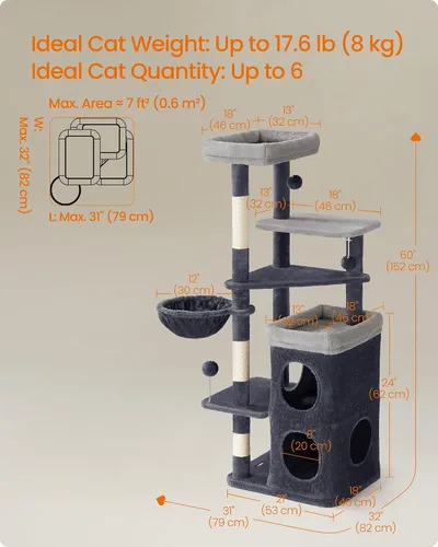 Miniatura 5 de Feandrea Árbol para gatos, torre para gatos de 60 pulgadas, condominio de felpa de varios niveles con 2 cuevas, 3 postes rascadores, 3 perchas, gris