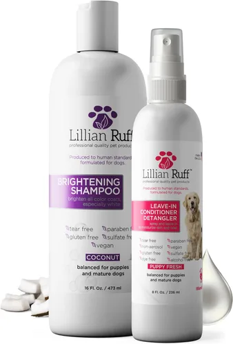 Lillian Ruff Champú blanqueador profesional ultra brillante para perros y acondicionador desenredante para perros sin enjuague - Champú blanqueador