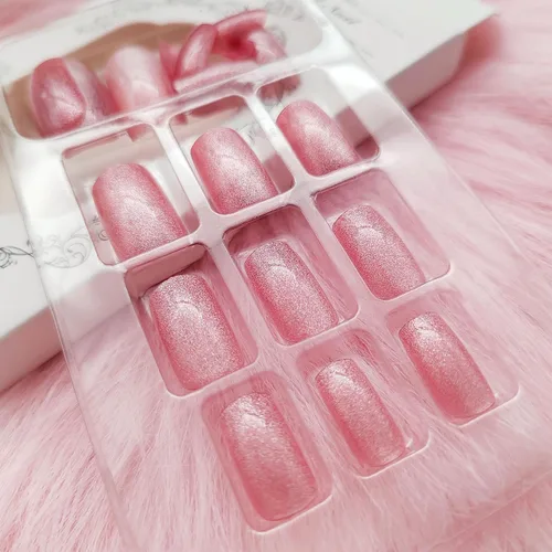 Miniatura 3 de Uñas postizas cuadradas cortas a presión, diseño de ojo de gato rojo, uñas postizas cortas con pegamento brillante, uñas postizas acrílicas