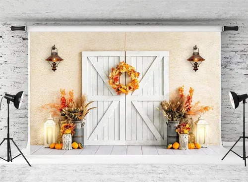 Miniatura 9 de Kate Telón de fondo de fotografía de otoño de 8 x 8 pies, telón de fondo de calabazas de otoño, estilo bohemio, puerta de granero blanca, retrato