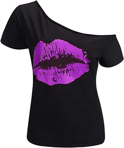 Miniatura 56 de MAGICMK - Camiseta casual para mujer, con estampado de labios y hombro descubierto, talla extragrande