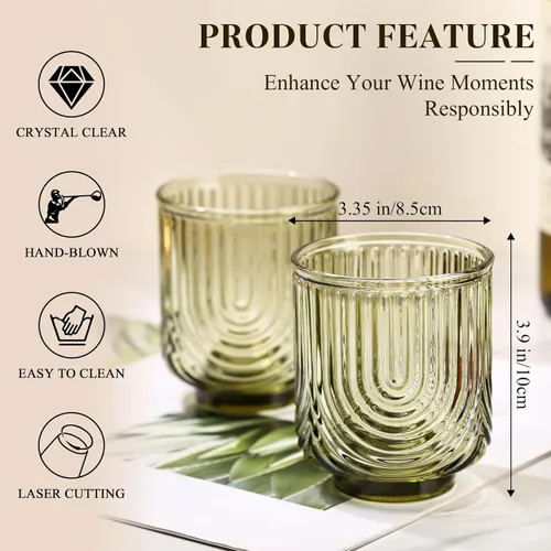 Miniatura 3 de Juego de vasos de bebida verdes vintage, vasos de cóctel transparentes estilo arco de 6 unidades, vasos de vidrio acanalados de 15 onzas, hechos a