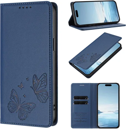 Butterfly Embossed Leather Wallet Flip Case for Motorola Moto E22i 4G, Magnetic Closure, RFID Blocking Cover, Card Holder Blue.