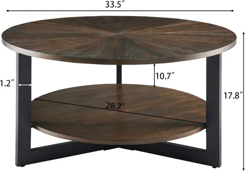 Miniatura 2 de KFZ1338NC - Mesa de centro redonda con estante de almacenamiento, para sala de estar, cóctel, patas de metal negro, centro circular de madera Natural