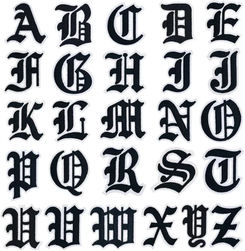 Miniatura 25 de Parches de letras góticas blancas en inglés antiguo termoadhesivas A-Z de 2" bordadas, transferencia térmica/cosidas, alfabeto vintage en fieltro