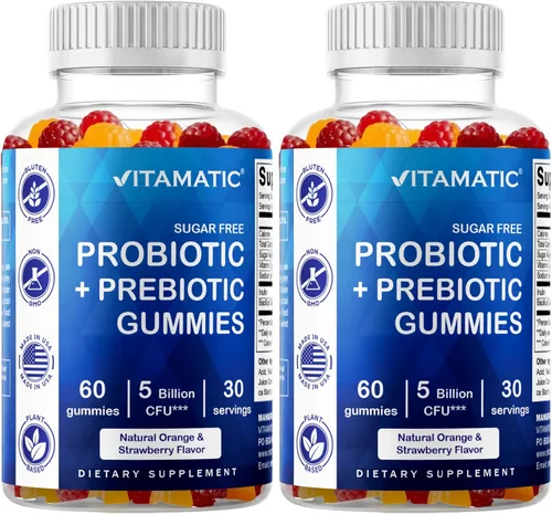 Vitamatic Gomitas probióticas sin azúcar para hombres y mujeres, 5 mil millones de UFC, 60 gomitas por botella, paquete de 2 (120 gomitas), apoyo