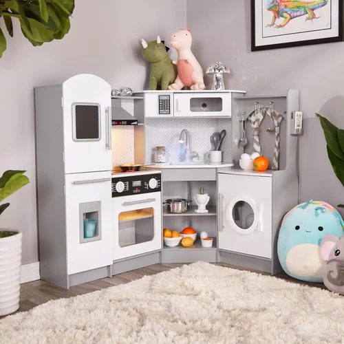 Miniatura 9 de Lil' Jumbl Juego de cocina de esquina para niños, cocina de lujo de madera de simulación, máquina de hielo a pilas, estufa y grifo con sonido gris