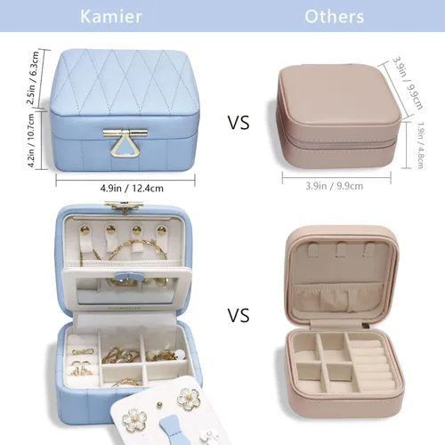 Miniatura 3 de KAMIER Organizador de joyas de viaje, caja organizadora de joyas de viaje de cuero acolchado con diamante, caja de joyería pequeña para mujer
