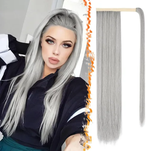 Miniatura 29 de BARSDAR Extensión de cola de caballo de 28 pulgadas largo recto envoltura alrededor del clip en pelo de fibra sintética para mujeres, negro
