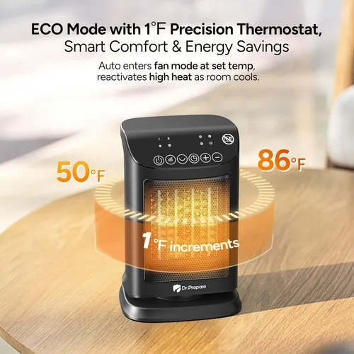 Miniatura 4 de DR.PREPARE Calentador de espacio pequeño de 1500 W para uso en interiores, calentador eléctrico de cerámica PTC portátil con termostato, oscilación