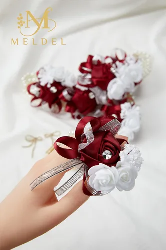 Miniatura 6 de Juego de 4 ramilletes de muñeca color borgoña para boda, juego de ramilletes rojo vino rosa para baile de graduación, novia, dama de honor, niña, 4