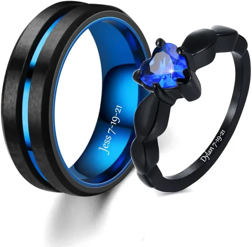 Juego de anillos de boda personalizados en color negro y azul para él y ella, anillos de promesa a juego para parejas, anillos de acero inoxidable