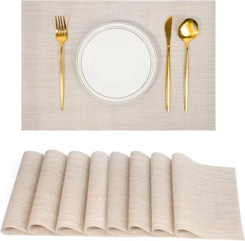 Miniatura 14 de Juego de 6 manteles individuales, antideslizantes, tejido de PVC, fáciles de limpiar, resistentes al calor, para cocina, comedor, decoración Beige