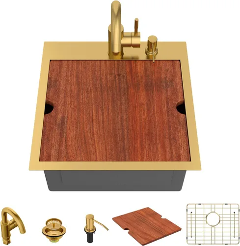 Miniatura 14 de Lordear - Fregadero de barra – Fregadero de barra dorado de 13 x 15 pulgadas con grifo dispensador de jabón, estación de trabajo, calibre 16 T304