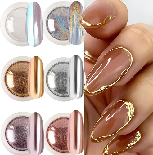 Juego de polvos de uñas cromados, 6 colores metálicos dorados, plateados, rosas, rosas, blancos, espejos, polvos de uñas, pigmento holográfico con