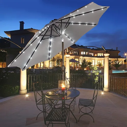Miniatura 6 de Blissun - Sombrilla solar de 9 pies, 32 luces LED, parasol de mesa para patio, jardín, cubierta, piscina y playa (gris)