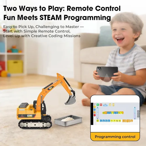 Miniatura 2 de Miniexcavadora a control remoto, juguetes de vehículos de construcción de aleación RC 1:64, herramientas STEM para aprender programación para niños