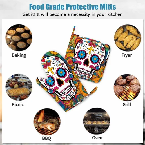 Miniatura 7 de Mxocom Art Floral Sugar Skull - Juego de guantes de silicona para horno y soportes para ollas, guantes de barbacoa para cocina, cocina, hornear