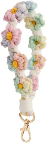 Poagoep Llavero bohemio hecho a mano, llavero de muñeca, llavero de muñeca para llaves, lindo llavero de margarita para mujer