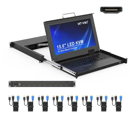 MT-VIKI Consola KVM HDMI de 8 puertos, consola KVM de montaje en rack 1U con monitor LCD de 15.6 pulgadas, panel táctil integrado de profundidad