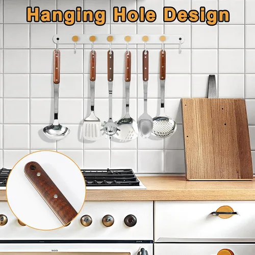 Miniatura 3 de FJNATINH - Juego de utensilios de cocina de acero inoxidable, pulido en espejo, set de 6 piezas, con mango de madera, antiadherentes y resistentes