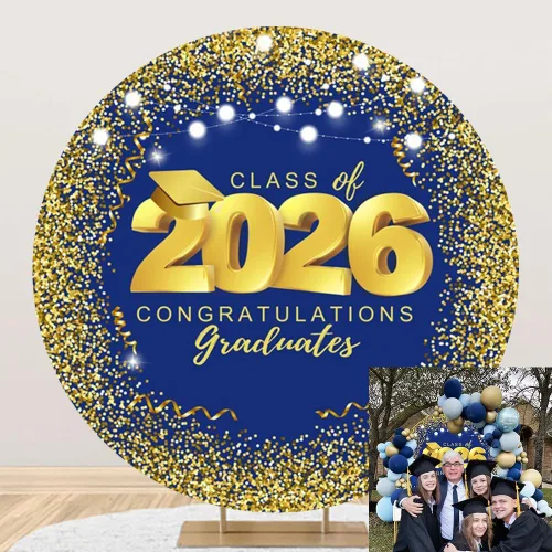 Miniatura 8 de Cubierta de fondo redonda de graduación para clase de 2025, telón de fondo redondo negro y dorado, decoración de fiesta de graduación, cubierta