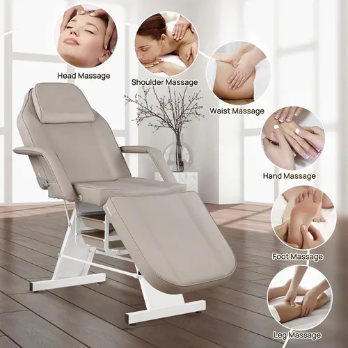 Miniatura 5 de Silla facial de masaje de 73 pulgadas, silla de tatuaje ajustable para artista con taburete, cama facial para spa, belleza, esteticista, gris