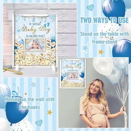 Miniatura 2 de Beeveer 65 piezas de libro de invitados para baby shower, libro de invitados azul para baby shower, libro de invitados con marco de fotos y 60 chips
