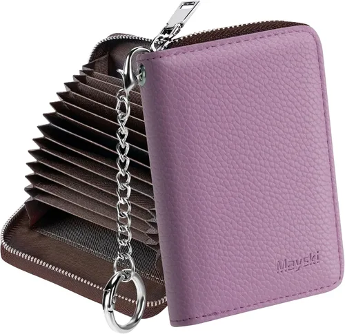 Mayski - Titular de tarjetas de crédito, cartera de tarjetas de crédito con cremallera para mujer, pequeño tarjetero de acordeón, llavero con Púrpura
