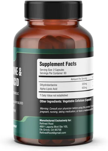 Miniatura 5 de Suplemento de dihidroberberina de raíz refinada de 300 mg con ácido alfa lipoico de 600 mg - Suplemento de berberina extra fuerte con ácido alfa